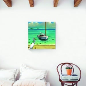 Tablou decorativ modern living cu ocean, barză, barcă și insulă pe canvas