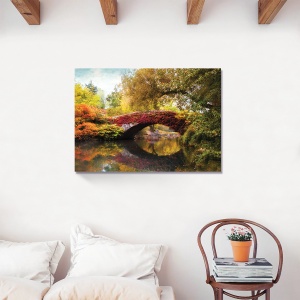 Tablou Canvas - Padure, Copaci, Pod, Lac, Frunze, Toamna, Natura, Peisaj, 75 x 100 cm - Img 2