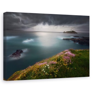 Tablou canvas - Punctul Godrevy, Far, Flori, Stanca, Furtuna, Nori, 60 x 90 cm