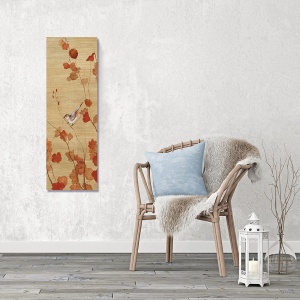 Tablou decorativ pe canvas 30x90 cm cu frunze de toamnă și pasăre în nuanțe arămii