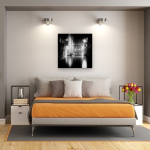 Tablou Canvas - Venetia, Alb-Negru, Canal, Italia, Noapte, Alee, 90 x 90 cm - Img 3