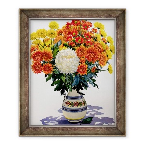 Tablou inramat - Christopher Ryland - Crizanteme intr-un ulcior cu model, 50 x 60 cm