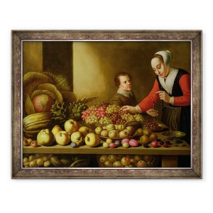 Tablou inramat - Floris van Schooten - Fata de vanzare struguri de la o masa mare incarcat cu fructe si legume, 60 x 80 cm