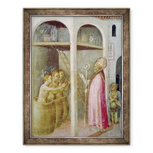 Tablou inramat - Gentile da Fabriano - Sfantul Nicolae Resusciteaza cei trei copii aruncati in cazi de saramura, detaliu dintr-un panou predella al Altarului Quaratesi, 70 x 90 cm
