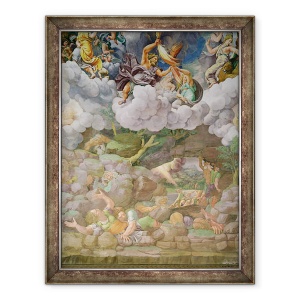 Tablou inramat - Giulio Romano - Olympus si Zeus Distrugerea gigantilor rebeli, detaliu de la unul dintre zidurile Sala dei Giganti, 60 x 80 cm