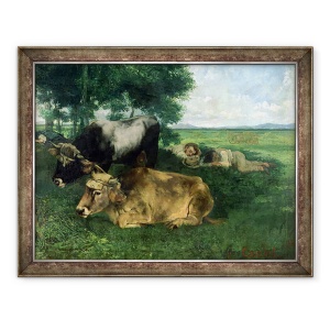 Tablou inramat - Gustave Courbet - La Siesta Pandantiv la saison des foins si detalii de animale care dorm sub un copac, 1867, 70 x 90 cm