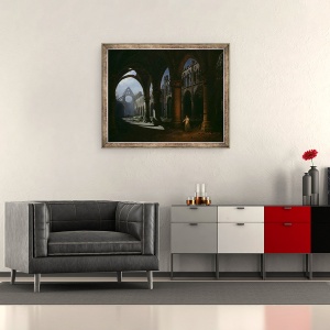 Tablou inramat - Hippolyte Victor Valentin Sebron - Interiorul unei abatii in ruine, 50 x 60 cm - Img 2