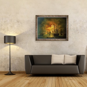 Tablou inramat - Jacob-Philippe Hackert - Distrugerea flotei turcesti la Golful Chesma, 60 x 80 cm - Img 2
