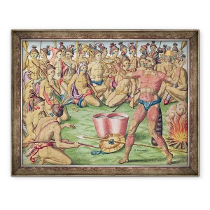 Tablou inramat - Jacques de Morgues Le Moyne - Satoutiona se pregateste de lupta, de la Brevis Narratio.., gravat de Theodore de Bry 1528-98 publicat la Frankfurt, 70 x 90 cm