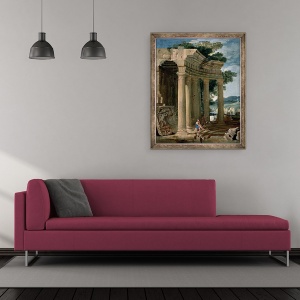 Tablou inramat - Jean Lemaire - Peisaj cu ruine si un pastor, 50 x 60 cm - Img 2