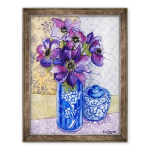 Tablou inramat - Joan Thewsey - Anemone intr-o vaza albastra si alba cu oala si textile 2012, 60 x 80 cm
