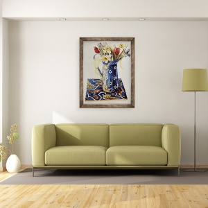 Tablou inramat - Joan Thewsey - Lalele, Iris si Narcis intr-un ulcior de email albastru cu o tigla italiana, 70 x 90 cm - Img 2