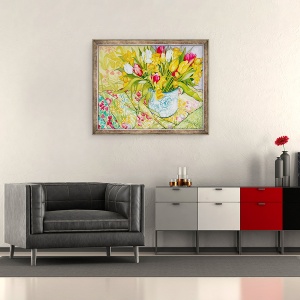 Tablou inramat - Joan Thewsey - Lalele si narcise cu textile modelate, 2000, 50 x 60 cm - Img 2