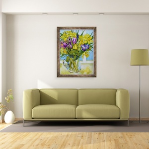 Tablou inramat - Joan Thewsey - Narcisele si lalele intr-o cana de sticla langa fereastra, 70 x 90 cm - Img 2