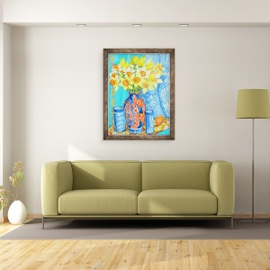 Tablou inramat - Joan Thewsey - Narcisele si lalele intr-o vaza Imani, portocale si textile, 60 x 80 cm - Img 2