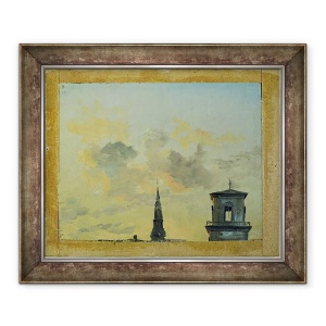 Tablou inramat - Johan Christian Dahl - Doua turnuri in Copenhaga impotriva cerului de seara, 50 x 60 cm