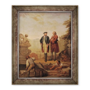 Tablou inramat - Johann Christoph Frisch - Regele Frederic al II-lea al Prusiei 1712-86 si marchizul de Argens 1704-1771 care inspecteaza constructia lui Sanssouci din Potsdam, 50 x 60 cm