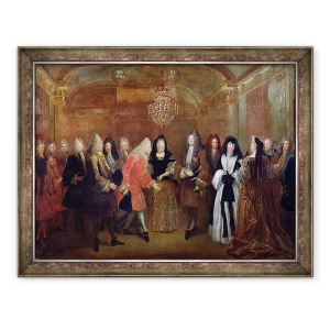 Tablou inramat - Louis de Silvestre - Ludovic al XIV-lea 1638-1715 il saluta pe Elector de Saxonia, Frederic Augustus al II-lea 1670-1733 la Fontainebleau, 27 septembrie 1714, 70 x 90 cm