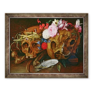 Tablou inramat - Nicolaes van Veerendael - Vanitas Natura moarta cu cranii, flori, o coaja de midii, 60 x 80 cm