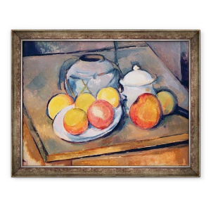 Tablou inramat - Paul Cezanne - Vaza acoperita cu paie, bol de zahar si mere, 70 x 90 cm