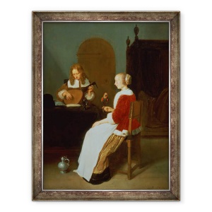 Tablou inramat - Quiringh Gerritsz van Brekelenkam - Un interior cu un jucator lauta si o femeie care detine un papagal, 70 x 90 cm