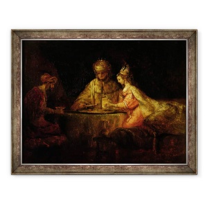 Tablou inramat - Rembrandt Harmensz van Rijn - Ahasverus Xerxes, Haman si Estera, 60 x 80 cm