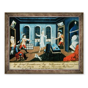 Tablou inramat - Scoala austriaca - Asasinarea lui Albrecht von Wallenstein 1583-1634 la Eger de catre o forta de ofiteri irlandezi si scotieni sub comanda generalului Butler, 70 x 90 cm