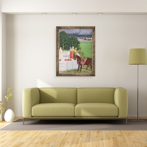 Tablou inramat - Scoala indiana - Un print cersind apa de la femei la o fantana, Mughal, 70 x 90 cm - Img 2