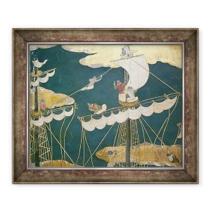 Tablou inramat - Scoala Japoneza - Sosirea portughezilor in Japonia, detaliu al catargului navei si cuib de ciori, de pe un ecran Namban Byobu, 70 x 85 cm
