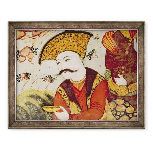 Tablou inramat - Scoala Persana - Shah Abbas I 1588-1629 si un curtean care ofera fructe si bauturi detaliu din 155563 aratand capul sahului, 70 x 90 cm