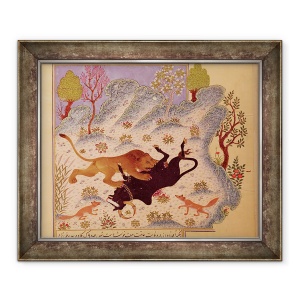 Tablou inramat - Scoala Persana - Un leu ataca si uciderea unui taur, 50 x 60 cm