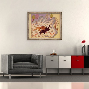 Tablou inramat - Scoala Persana - Un leu ataca si uciderea unui taur, 50 x 60 cm - Img 2