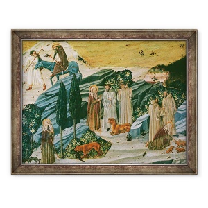 Tablou inramat - Scoala Toscana - Sfantul Gerasimus in desertul Thebaid cu leul pe care l-a imblanzit indepartand un ghimpe din laba sa, 70 x 90 cm