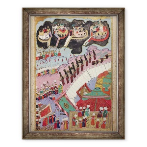 Tablou inramat - Scoala turceasca - TSM H.1524 Fortele lui Suleyman Magnificul 1484-1566 asediind o cetate crestina, de la Hunername de Lokman, 60 x 80 cm