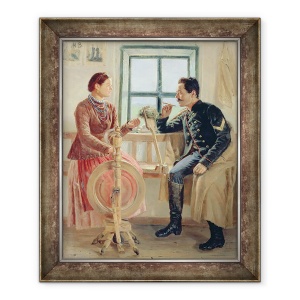 Tablou inramat - Vasil'ev Mikhail Nikolaevich - Discutie la roata de filare, 70 x 85 cm