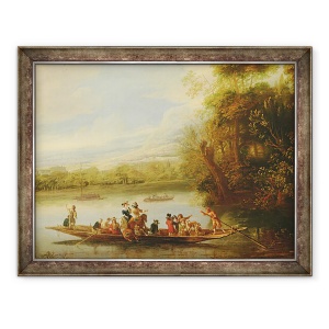Tablou inramat - Willem Schellinks - Un peisaj cu un feribot aglomerat care traverseaza apa in prim-plan, 60 x 80 cm