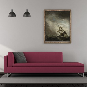 Tablou inramat - Willem van de Velde the Younger - O nava in largul marii, prinsa de o furtuna, cunoscuta sub numele de Rafala, 50 x 60 cm - Img 2