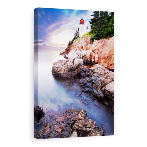 Tablou Canvas - Apus De Soare La Farul Bass Harbor, Rasarit De Soare, Peisaj Marin, Stanca, Roci, Albastru, 80 x 120 cm