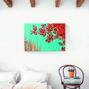 Tablou decorativ canvas roșu cu copac și frunze florale, 80x120 cm