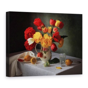 Tablou Canvas - Cu Un Buchet De Lalele, Natura Moarta, Vaza, Floare, 60 x 80 cm
