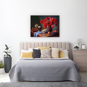 Tablou Canvas - Cu Un Buchet De Lalele Rosii, Mere, Flori, 50 x 70 cm - Img 3