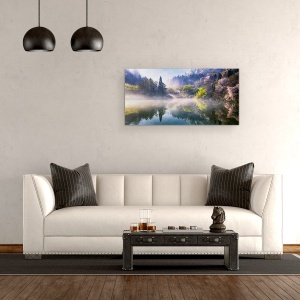 Tablou canvas - Dimineata Calma, Panorama, Verde, Ceata, Abur, Ceata, Apa, 50 x 100 cm - Img 2