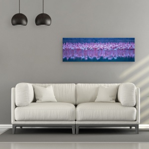 Tablou canvas - Flamingo, Bogoria, Kenya, Rasarit de Soare, Pasare, Panorama, 30 x 90 cm - Img 2