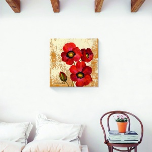 Tablou decorativ floral vintage pe canvas în nuanțe roșu și auriu