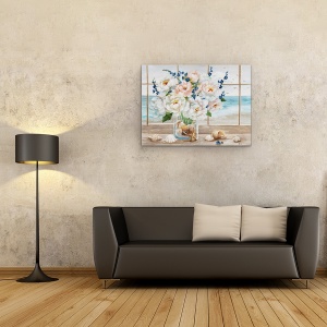 Tablou canvas - Flori, Vaza, Scoici, Plaja, Pasari, Pictura, 75 x 100 cm - Img 2