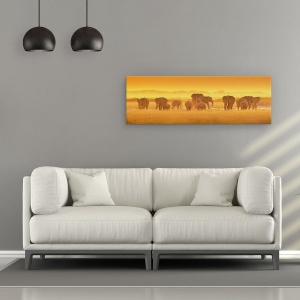 Tablou Canvas - Lumina Aurie, Elefanti, Turma, Fauna Salbatica, Apus De Soare, 30 x 90 cm - Img 2
