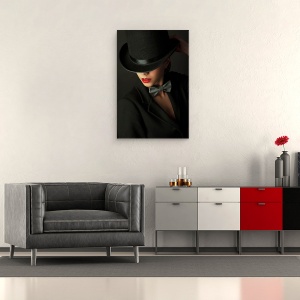 Tablou canvas - Misterul Ascuns, Portret, Palarie, Jacheta, Femeie, Buze, 40 x 60 cm - Img 2