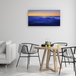 Tablou Canvas - Muntii Misty, Peisaj, Albastru, Seara, Apus De Soare, Ceata, Strat, 50 x 100 cm - Img 2