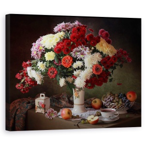 Tablou Canvas - Natura Moarta, Buchet, Natura Statica, Vaza, Floare, Fluxuri, Struguri, 60 x 75 cm
