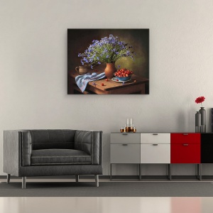 Tablou Canvas - Natura Moarta, Cirese, Buchet, Vaza, Rustic, Cana, 60 x 75 cm - Img 2